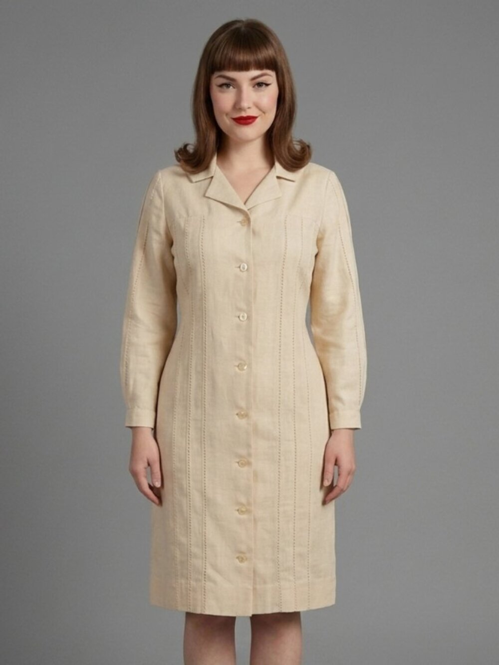 Vintage 60s Fred Rothschild Ivory Linen Dress Mod Bracelet Sleeve Button Front L